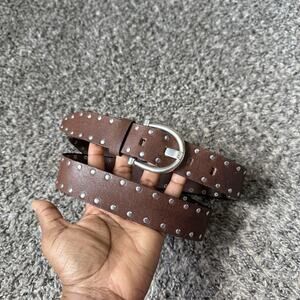 Calvin Klein Studded Leather Belt Bohemian Boho Size Large Brown Silver Hardware